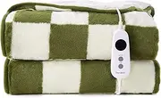 Dreamaker Checkered Plush Fleece Electric Heated Throw Blanket 200x180cm Warm Sherpa Fleece Reversible Rug Energy Efficient Overheat Protection 9 Heat Setting Extra Long Cord Controller- Olive & Cream