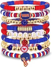8 Pack Game Day Bracelets for Women, Football Bracelets Red Black Blue Heishi Clay Beaded Stretch Bracelets Stackable Charm Bracelet Bangles