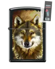 Zippo 82231 painting wolf head wild animal fur black matte Lighter + FLINT PACK