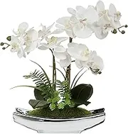 Briful Orchids Artificial Flowers 15" White Phalaenopsis Orchid with Silver Pots Real Touch Faux Orchid Plant for Home Office Bathroom Living Room Party Wedding Decoration