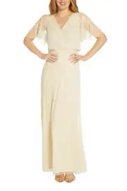 Adrianna Papell V-Neck Beaded Flutter Sleeves Back Zipper Long Chiffon Dress