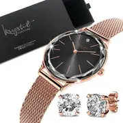 Boxed of Krystal Couture Mineral Glass Watch with Earrings Embellished with Crystals from SWAROVSKI® Set in Rose Gold