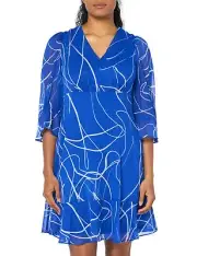 DKNY Women's 3/4 Balloon Sleeve V-Neck Mini Dress, Cobalt/Cream, 4