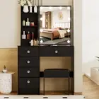 Black Dressing Table with 10 LED Bulbs Mirror 6 Drawers Desk Table And Stool