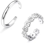 [Udalyn] 2 Pcs Sterling Silver Toe Rings for Women Cute Flower Toe Rings Hypoallergenic Adjustable Band Ring Hypoallergenic 925 Sterling Silver Open Toe Ring Set