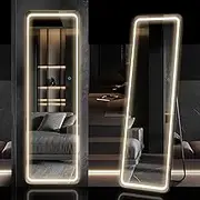 LVSOMT 160x50cm Full Length Mirror with LED Lights, Full Body Free Standing Floor Mirror, Wall Mounted Lighted Mirror, w/ 3 Color Lighting for Bedroom, Living Room (Black)