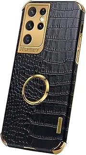 Alligator Grain Premium Leather Case for Samsung Galaxy S23 Ultra Shockproof Slim Plating Phone Case with Ring Stand Protective Case Support Magnetic Car Holder,Black,for Samsung S22