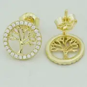 Mens Sterling Silver 925 CZ Tree of Life Earring Gold Plated Unisex*Box