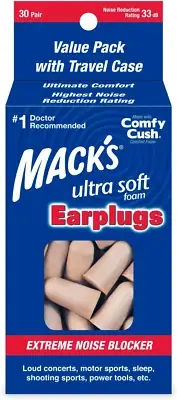 Mack'S Ultra Soft Foam Earplugs, 30 Pair - 33Db Highest NRR, Comfortable Ear Plu