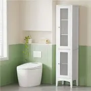 Artiss Bathroom Storage Cabinet 160cm Tall Slim Floor Cupboard Toilet Glass Door White