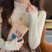 Ruffle Mock Neck Plain Ribbed Knitted Top Beige - One Size