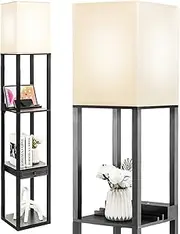 [Costway] Modern Shelf Floor Lamp, Dimmable Standing Lamp Shelf w/ 1 Drawer & 1 USB Port, E27 5000K LED Bulb Included, Pull Chain Switch, 3-Level Brightness, Storage Lamp for Bedroom, Living Room