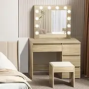 LEVEDE Vanity Desk with Mirror and Stool, Wooden Dressing Table Set with Drawers, 3 Colors LED Bulbs Makeup Table for Bedroom, Dressing Room (Oak)