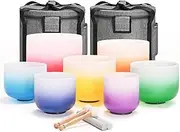 432HZ 7PCS Set Of 6-12 Inch Aria Gradient Design Frosted Quartz Crystal Singing Bowls With Free 2 PCS Travel Carry Case Bag…