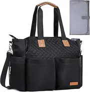 [Lekespring] Nappy Tote Bag Baby Nappy Changing Bag for Mom and Dad, Convertible Diaper Bag with Changing Mat and Insulated Pockets, Multifunctional Baby Travel Bag, Quilted Black