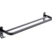 60 cm Wall Mount Black Towel Rack Aluminum Double Rod Towel Bar with Hook for Home Hotel Bathroom S