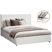 Oikiture Bed Frame Double Size Gas Lift Storage Base White Leather COTI