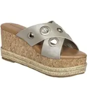 NWB Pierre Dumas Bettina Silver Cork Wedge Sandals Size 9