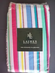 RALPH LAUREN BAY VIEW TURQUOISE STRIPE SET of 2 STANDARD PILLOWCASES NEW VINTAGE