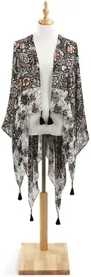 Demdaco by Design Tasseled Kimono Odette Floral Cover Up Wrap Shawl Scarf NWT