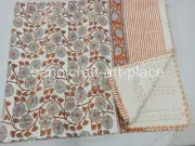 Elegant Indian Handmade Cotton Kantha Quilt King Size Bedspread Orange Floral