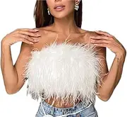 [YLFC] Feather Tops for Women Strapless Faux Fur Crop Top Sleeveless Backless Tube Top Fluffy Slim Fit Bandeau Vest Tank
