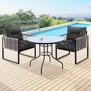 [ALFORDSON] Outdoor Patio Bistro Set 3PCs UV-Resistant Black Grey, 2X Armchairs & R90x70cm Dining Table Steel Frame Conversation Set, Lounge Sofa Chair & Side Coffee Table with Water-Resistant Cushions