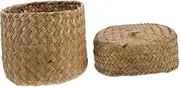 Straw Flower Basket Rattan Storage Baskets Round Woven Basket with Lid Hand-woven Basket Wicker Woven Seagrass Basket Lidded Woven Plant Basket Container Cute Light Brown Seaweed