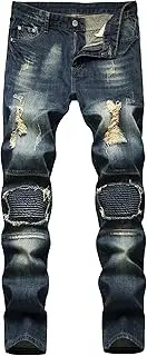 [Aosufei] Men's Ripped Slim Fit Streetwear Jeans Distressed Destroyed Casual Denim Pants Stretch Outdoor Jeans Trouser, Retro Blue, 42