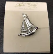 Kirks Folly Silver Tone Clear Rhinestone Sailboat Brooch Pin. #107