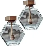 Cabilock 2Pcs Hexagonal Honey Glass Jar with Wooden Lid and Stirring Rod Sealed Honey Container for Storage and Serving for Honey Jam and Preserves