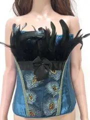 NEW Peacock Feather Corset Bustier With Lace-Up Back Blue Green Black- Large