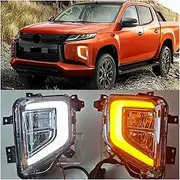 1 Pair Compatible For Mitsubishi Triton L200 2019 2020 2021 DRL Daytime Running Lights Fog Lamp Cover With Yellow Turn Signal Lamp