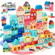 100 PCS Wooden Building Blocks Set - City Builder Stacking Toy with Storage B...