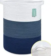 BOSROTY Large Blanket Basket, Nursery Hamper, Tall Laundry Basket 72L, Cotton Rope Woven Laundry Hamper for Storage Toys Clothes Towels, 16”x 22”, White & Cadet Blue & Navy Blue