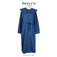 在飛比找momo購物網優惠-【betty’s 貝蒂思】荷葉邊翻領腰間抽繩牛仔洋裝(深藍)