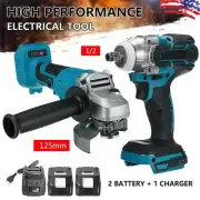 18V Tools Combo Kit 1/2" Impact Wrench+125mm Angle Grinder+2 Battery Fits Makita