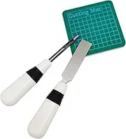 Bhuuno 3pcs Sewing Buttonhole Cutter Set - Eyehole Puncher, Straight Cutter Blade and Mini Square Cutting Mat Pad - White Black
