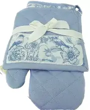 NEW Set Floral BLUE BIRD POTHOLDER & OVEN MITT Blue White By Petal & Stone