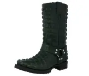 Mens Motorcycle Boots Leather Harness Alligator Print Square Toe Green Botas
