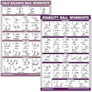 2 Pack: Half Balance Ball Workout Poster + Yoga Ball Exercise Chart - Set of 2 Workout Posters (LAMINATED, 18" x 24")