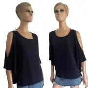 Chico’s Knit Kit Blue Cold Shoulder Blue Flutter Sleeve Top - Sz 2 12/14