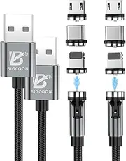 Bigcoon Magnetic Charging Cable [2Pack,3m],540° Rotating Magnetic Phone Charger Cable with LED Light,90° Angle Connector,Nylon-Braided Cords (Black)