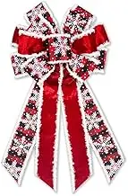 Large Christmas Bow for Wreath - Red Black Buffalo Plaid and Red Velvet Decorative Snowflake Bow for Front Door - Indoor Outdoor Xmas Decorations