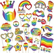30 Pcs Pride Month Rainbow Photo Booth Props, LGBTQ Love is Love Paper Selfie Props for Pride Month Party Decoration, Gay Lesbian Party Favors