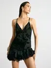 Plunge Neck Devore Ruffle Dress With Corsage Black Color Women