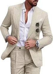 [Diaryan] Linen Men Suit Set Casual Tuxedo 2 Piece Regular Fit Blazer One Button Solid Jacket and Pants for Prom Wedding Party
