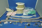 Wedding craft supplies - beads, wired ribbon with beads, leaves, clear doves