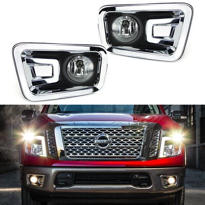 Chrome Bezel w/ Clear Lens Fog Light Kit + Switch Wiring For 17-19 Nissan Titan (for: Nissan)