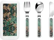 Flower And Bird Art 3 Piece Set For Camping Stainless Steel Flatware, Spoon, Fork, Knife, Ideal For Outdoor